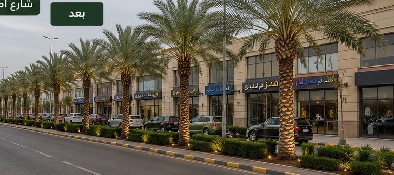 شارع مطاعم تجاري بعد تنسيق النخيل